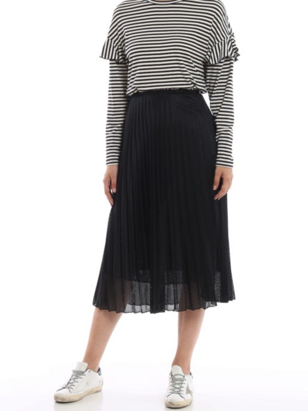 Moncler Pleated Tech Blend Fabric Perforated MIDI Skirt Black, size 38
